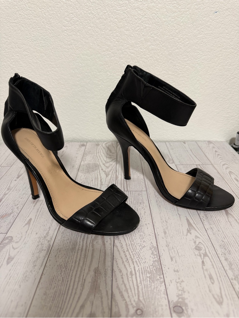 Saks Fifth Avenue Black Croc-Textured Ankle-Strap Stiletto Sandals